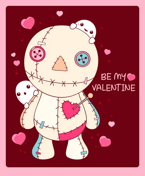 Открытка День Святого Валентина Куклой Вуду Призраками Будь Моим Валентином — стоковый вектор