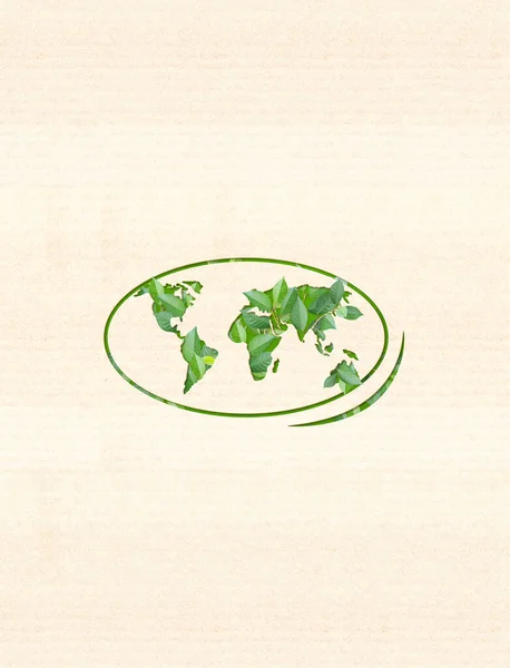 Ecology Zero Waste Concept World Map Silhouette Green Leaves Cardboard — Stock Photo, Image