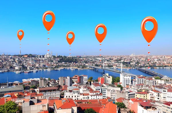 Network Connection Concept Aerial View Istanbul Location Pin Global Positioning — Stock Photo, Image