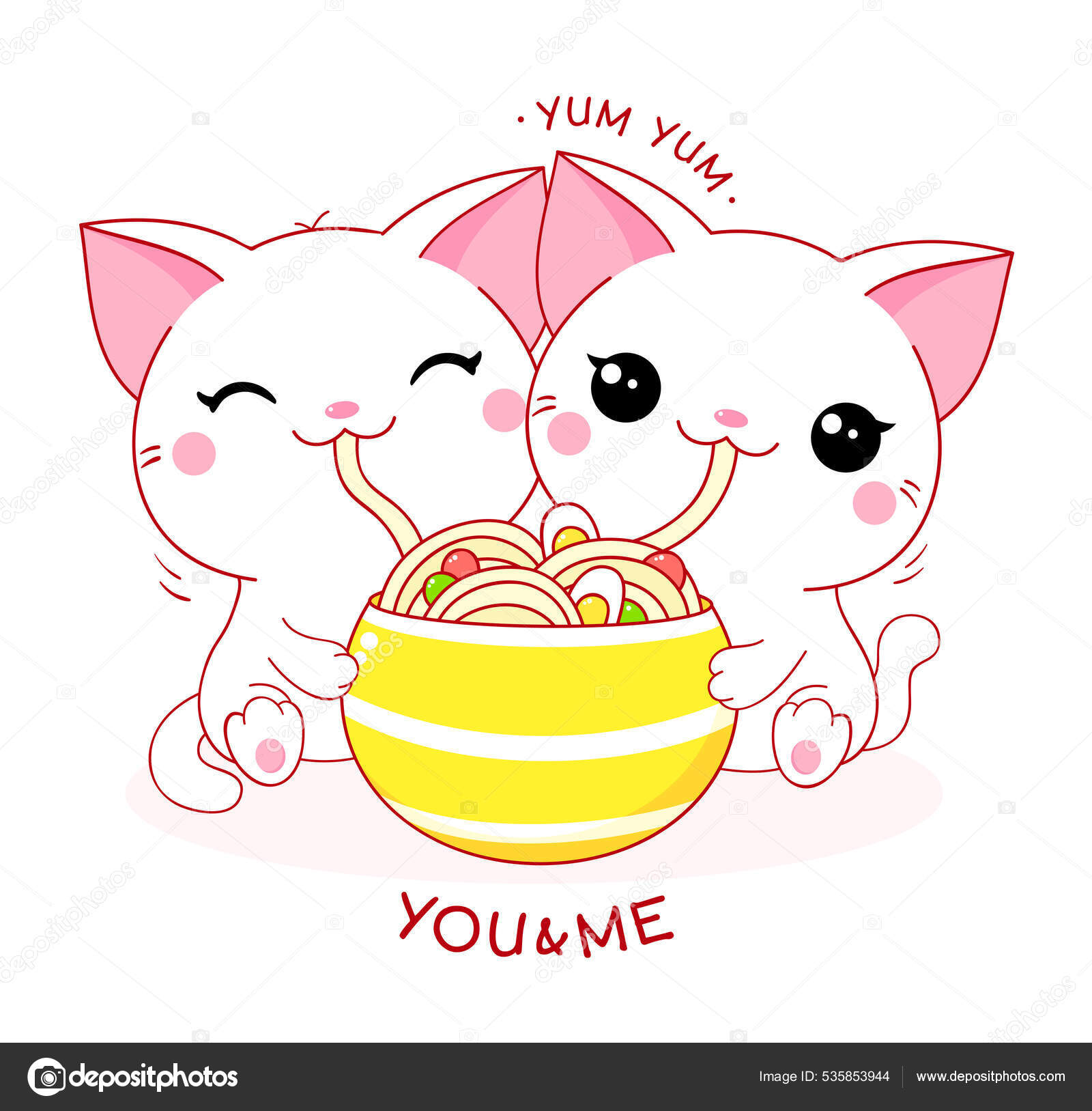 Image vectorielle Deux Mignons Chats Blancs Mangent Des Nouilles Ramen  Kawaii Petit par ©frenta - 535853944, image size:1600x1627