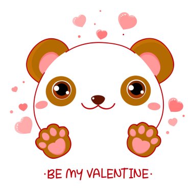 Kawaii tarzında şirin bir sevgililer günü kartı. Pembe kalpli sevimli küçük panda