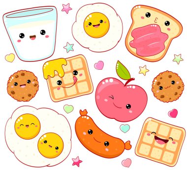 Kahvaltı vakti geldi. Tatlı tasarım için Kawaii tarzında şirin yemek ikonları. Süt, elma, çikolatalı kurabiye, sosis, çırpılmış yumurta, ballı waffle, reçelli sandviç. Vektör EPS8  