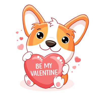 Kawaii tarzında şirin bir sevgililer günü kartı. Kırmızı kalpli şirin küçük Corgi köpeği.