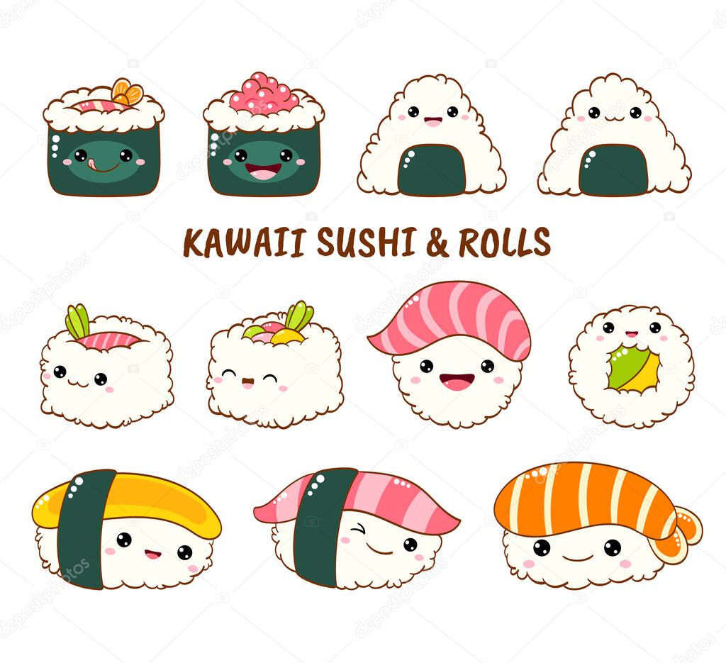 Set of cute sushi and rolls icons in kawaii style with smiling face and pink cheeks