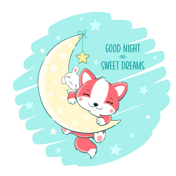 Cute Baby Fox Bunny Sleeping Moon Inscription Good Night Sweet — Stock Vector