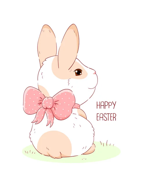 Greeting Easter Card Cute Bunny Pink Bow Happy Easter Card — Stok Vektör