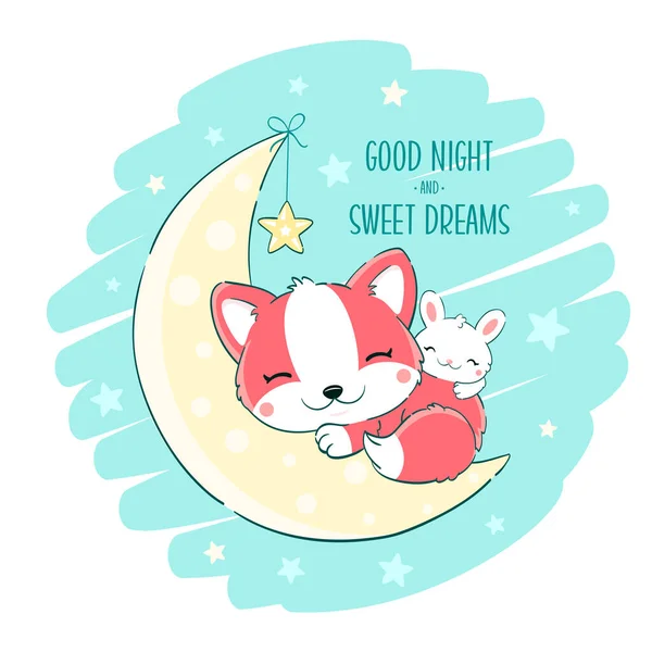 Cute Baby Fox Bunny Sleeping Moon Inscription Good Night Sweet — Stock Vector
