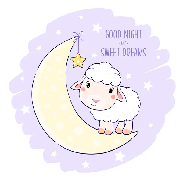 Cute Baby Lamb Moon Inscription Good Night Sweet Dreams — Stock Vector