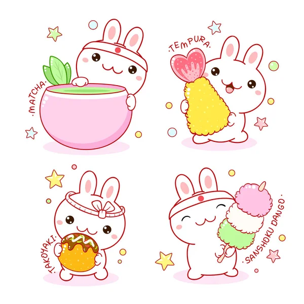 Set Simpatici Coniglietti Con Piatti Della Cucina Tradizionale Giapponese Conigli — Vettoriale Stock