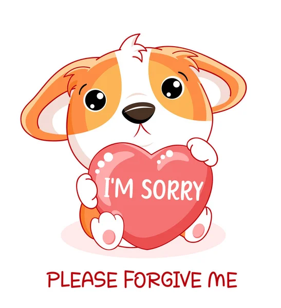 Apologize Card Sad Little Corgi Puppy Pink Heart Inscription Sorry — Stock Vector