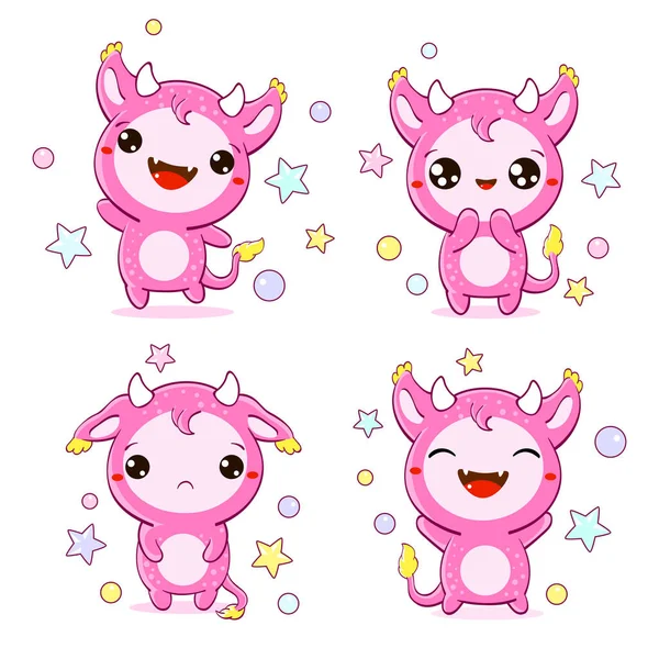 Set Kawaii Monster Collection Cute Little Monster Expressing Different Emotions — Stock Vector