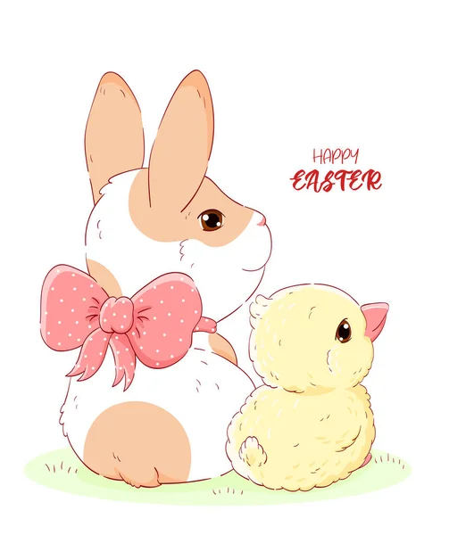 Húsvéti Üdvözlőlap Aranyos Barátokkal Nyuszi Csirke Boldog Húsvéti Kártyát Kis — Stock Vector