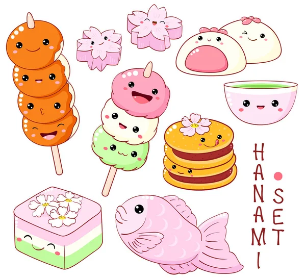Ensemble Jolies Icônes Desserts Saison Hanami Dans Style Kawaii — Image vectorielle
