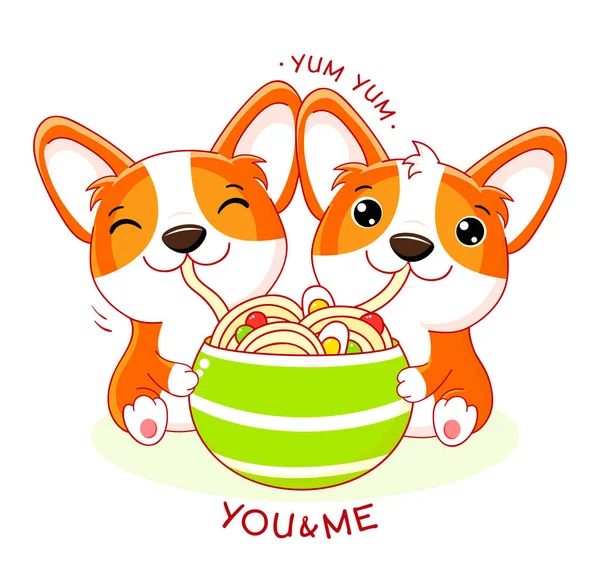 Dois Cachorros Corgi Fofos Comem Macarrão Ramen Cachorros Kawaii Estão — Vetor de Stock