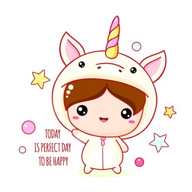 Tek boynuzlu at kostümlü şirin bir bebek. Bugün mutlu olmak için mükemmel bir gün.