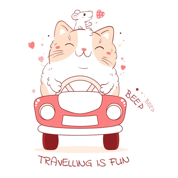 Χαριτωμένοι Ταξιδιώτες Φίλοι Βόλτα Αυτοκίνητο Λάτρεις Της Γάτας Και Του — Διανυσματικό Αρχείο