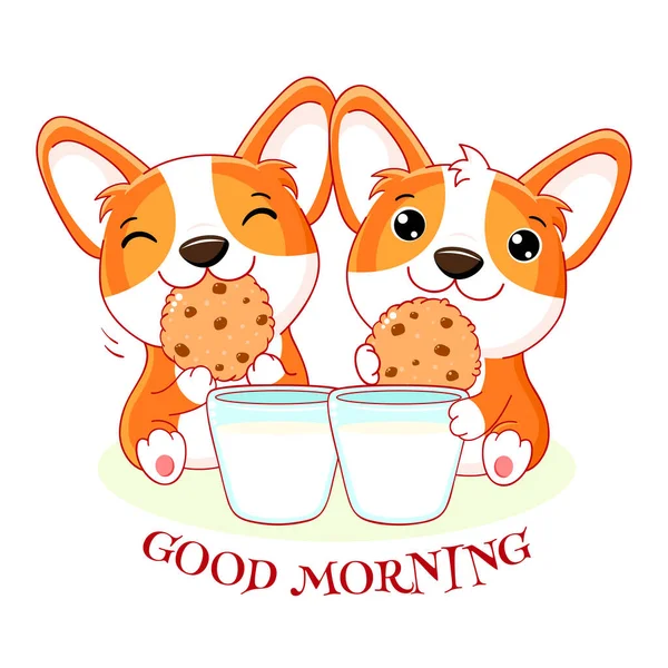 Два Милых Щенка Корги Печеньем Молоком Маленькие Собачки Кавайи Радостью — стоковый вектор