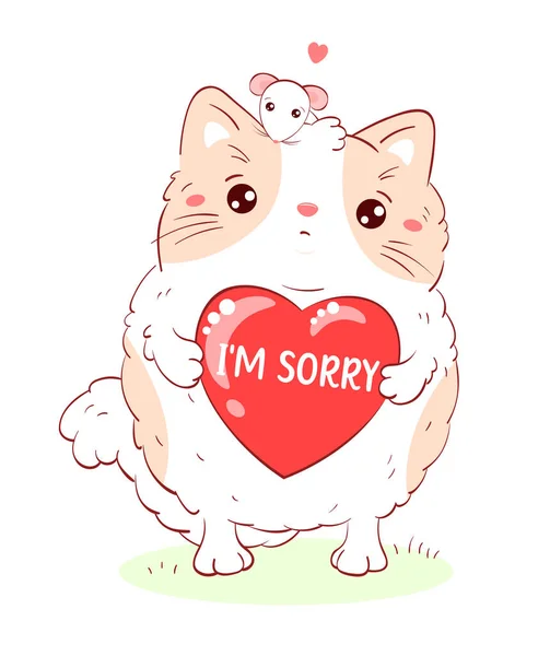 Apologize Card Sad Fat Cat White Mouse Pink Heart Inscription — Stock Vector