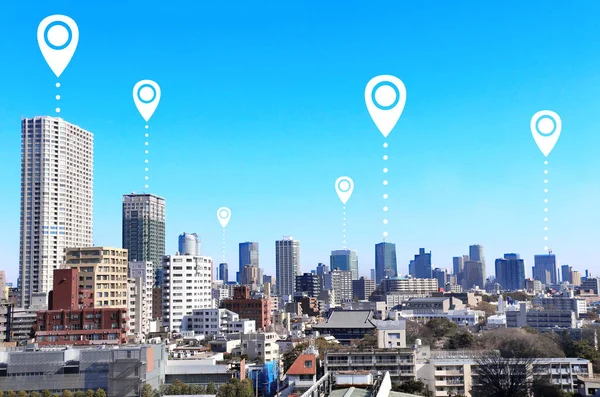 Koncept Síťového Připojení Letecký Pohled Tokio Červenou Lokalizací Mapa Kolíku — Stock fotografie