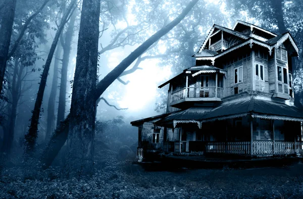 万圣节横幅与鬼屋 废弃的老房子在夜林里 神秘森林中可怕的殖民小屋 图为蓝色调色调 — 图库照片
