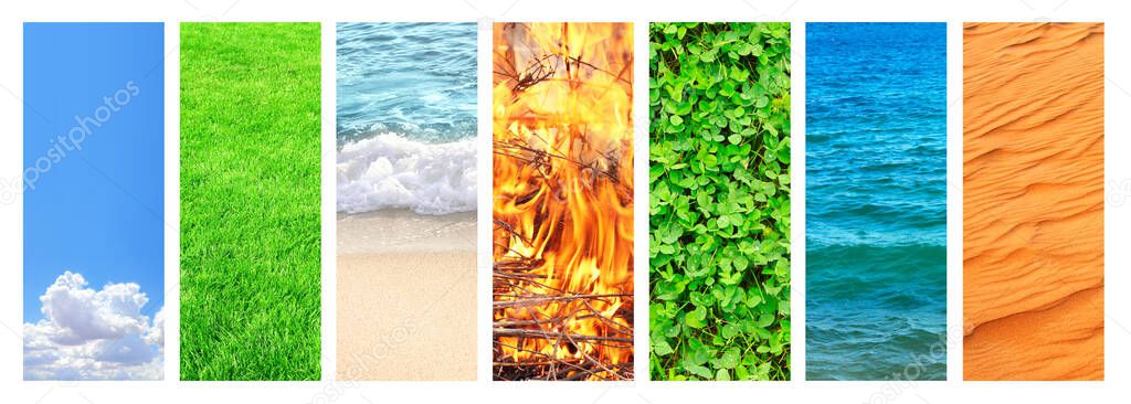 Collection of vertical banners with nature elements - water; ground, air and fire. Set of backdrops with sky, sand, water, grass and flame. Copy space for text