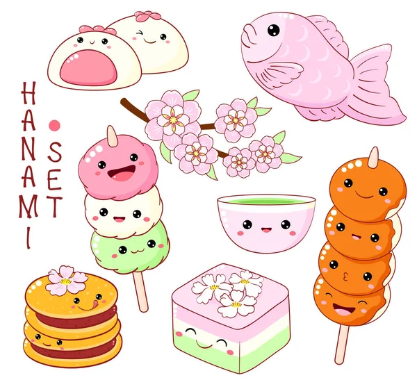 Ensemble Jolies Icônes Desserts Saison Hanami Dans Style Kawaii — Image vectorielle