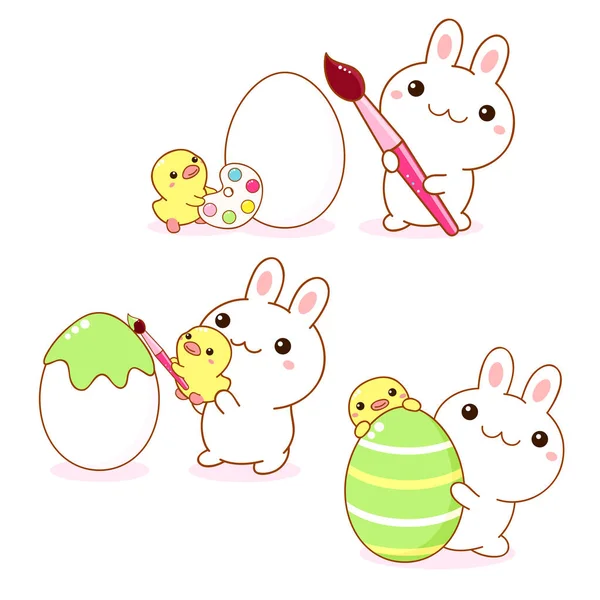 Set Pascua Con Amigos Conejitos Pollos Lindo Conejito Una Pintura — Vector de stock