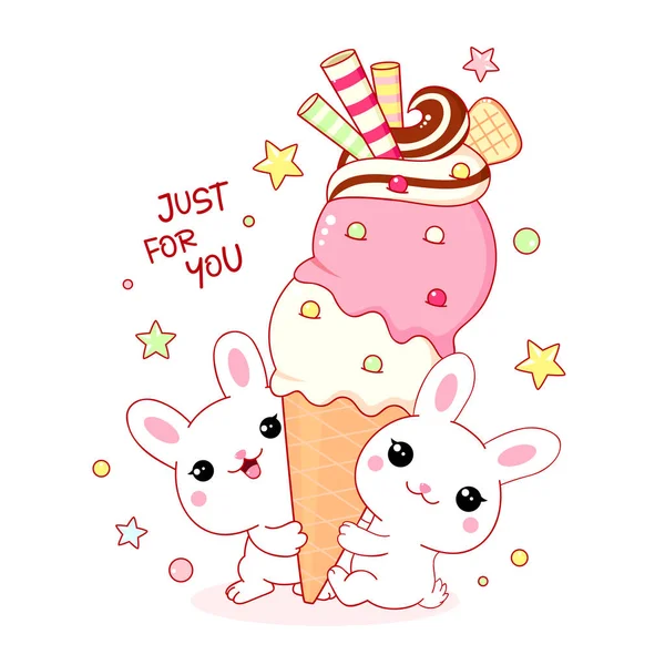 Χαριτωμένη Κάρτα Yummy Στυλ Kawaii Δύο Υπέροχα Λευκά Κουνελάκια Παγωτό — Διανυσματικό Αρχείο