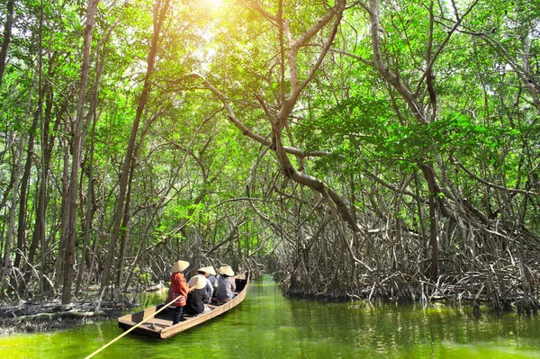 アジアのマングローブ林でボートする人々 観光名所 マングローブ運河を通るボートに乗る — ストック写真