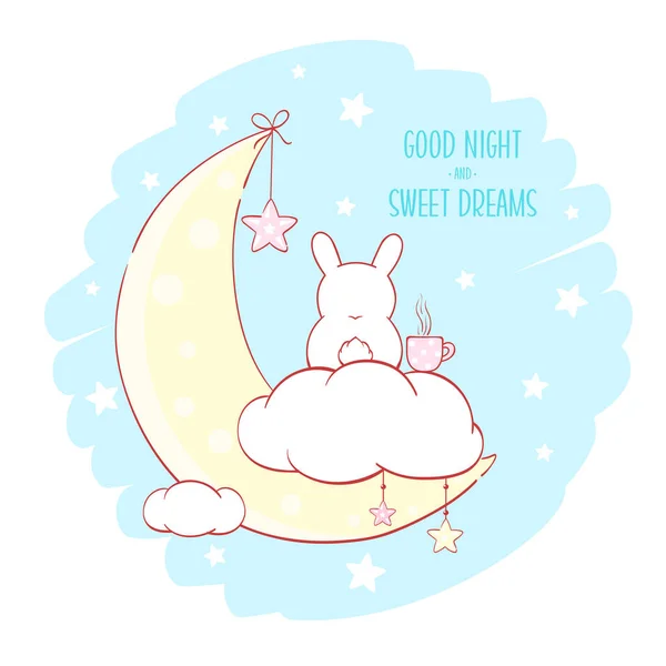 Cute Baby Bunny Moon Inscription Good Night Sweet Dreams — Stock Vector