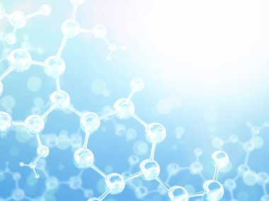 Soyut moleküler yapı modelli yatay pankart. Cam moleküllü mavi rengin arka planı. Metnin için alanı kopyala. 3d hazırlayıcı