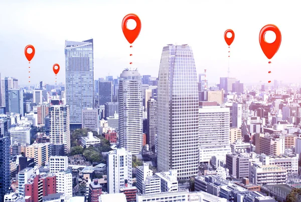 Koncept Síťového Připojení Letecký Pohled Tokio Červenou Lokací Mapa Kolíku — Stock fotografie