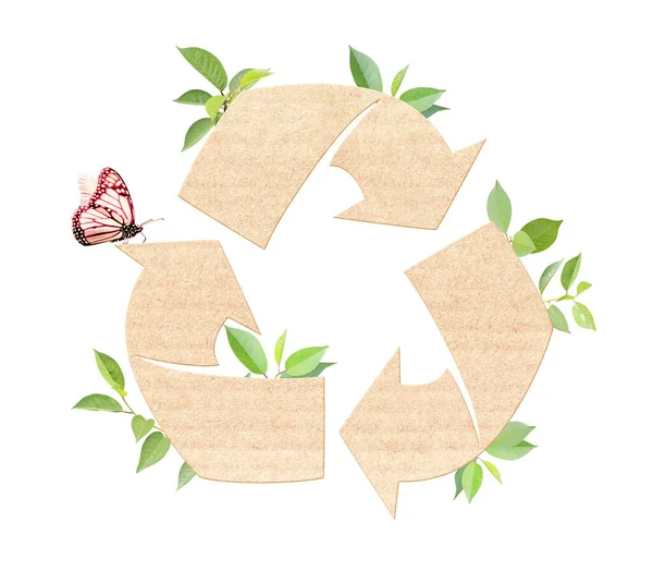 绿叶和箭头可循环利用纸张上的符号 可持续发展的战略方针是零废弃物 负责任消费 再利用和可再生资源 生态友好概念 — 图库照片