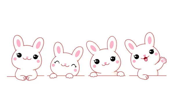 Conjunto Lindo Conejito Fronteras Con Conejitos Blancos Kawaii — Vector de stock