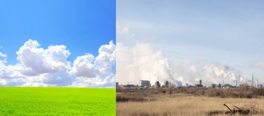 Ekoloji, doğa, kirlilik ve temiz enerji kavramı. Çevre kirliliği. Öncesi ve sonrası - fabrika dumanı, kirli ot ve mavi gökyüzü, yeşil çimen