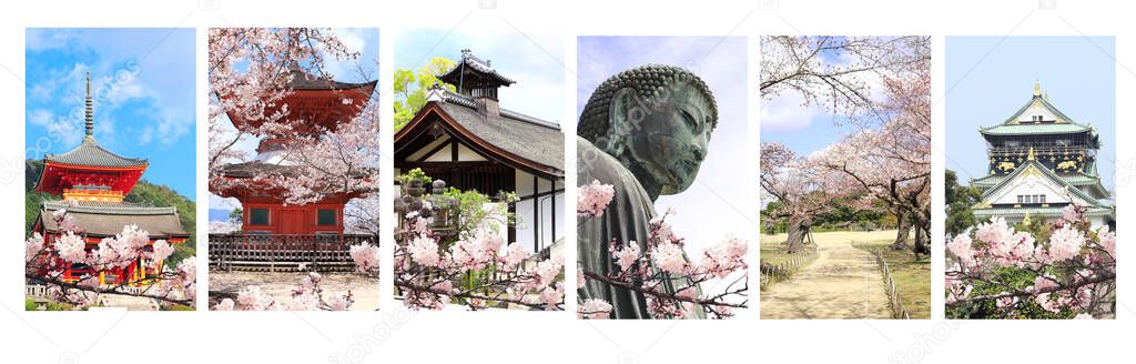 Set of vertical banners with landmarks of Japan. Osaka castle, Great Buddha statue,  blooming sakura trees in Koishikawa Korakuen garden, Okayama. Sakura blossom season. Japanese hanami festival 
