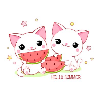 Karpuzlu iki tatlı beyaz kedi. Yazı. Merhaba yaz. Kawaii küçük kedicik karpuz yemekten mutlu. Mutlu yaz zamanları. Arkadaşlar piknik yapar. Vektör illüstrasyonu EPS8