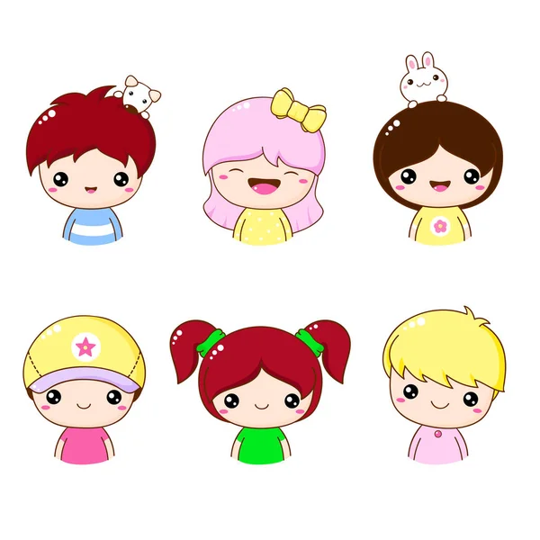 Colección Icono Miembro Linda Niña Niño Kawaii Usuario Retrato Conjunto — Vector de stock