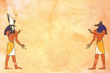 Grunge arka planında Mısır tanrıları Anubis ve Horus 'u ve sarı renkli eski sıva dokusunu gösteriyor. Mısır tarzında yatay bir pankart. Şablon oluşturun. Metin için alanı kopyala