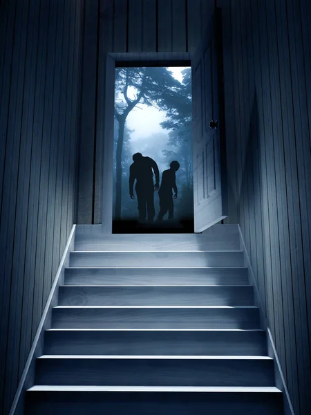 从黑暗的地下室走到开门的台阶 两个僵尸在神秘的风景与树和灌木在雾蒙蒙的森林的门口 3D渲染 — 图库照片