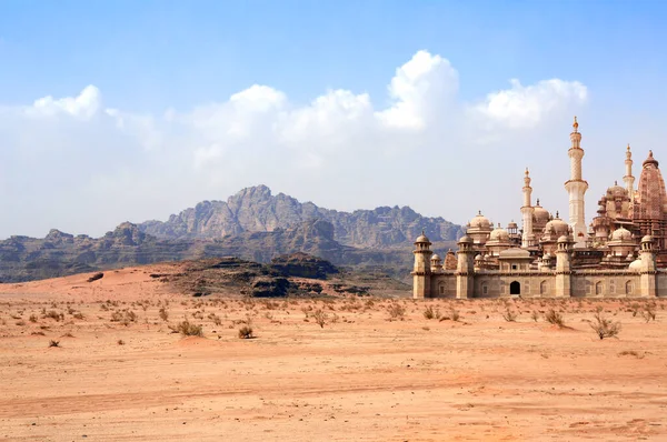 A fabulous lost city in the desert. Fantastic oriental town in the sands. Fantasy landscape with rocky mountains and fairytale city