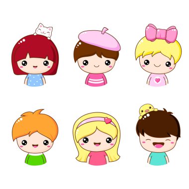 Üye ikon koleksiyonu - tatlı küçük kız ve oğlan. Kawaii kullanıcı portresi seti