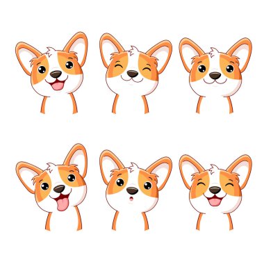 Bir grup Kawaii üyesi ikonu. Tatlı çizgi film köpeği. Corgi köpekli bebek avatarlar koleksiyonu