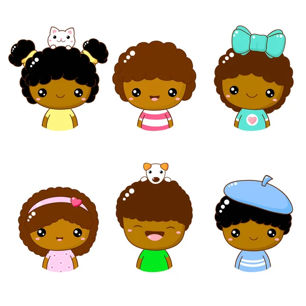 Sammlung Von Mitgliedssymbolen Süße Kleine Afrikanische Mädchen Und Jungen Kawaii — Stockvektor