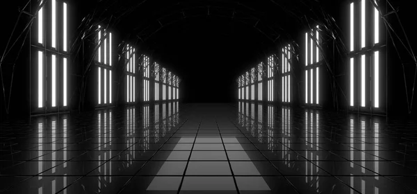 A dark tunnel lit by white neon lights. Reflections on the floor and walls. Empty background in the center. 3d rendering image.