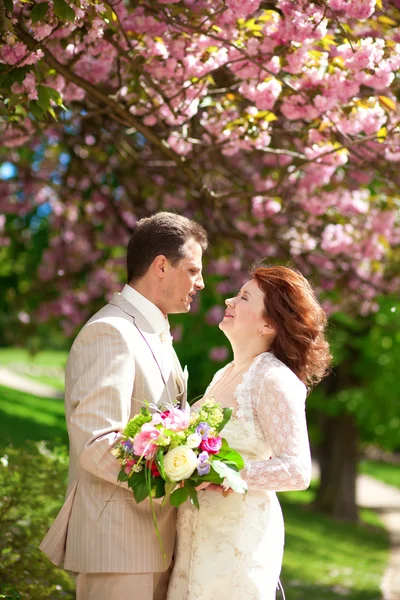 Belo casal recém-casado no parque na primavera — Fotografia de Stock