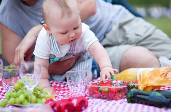 Adorabile bambino sul suo primo picnic — Foto Stock