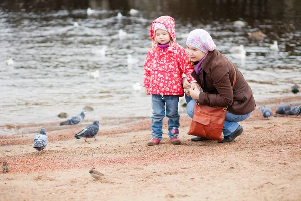 Mother and daughter together on beach by fall, looking at birds — Stock Photo, Image