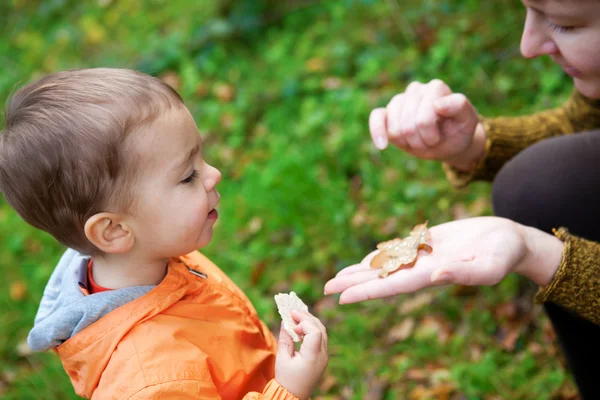 Adorabile bambino ragazzo con sua madre nella foresta autunnale, alla ricerca di un — Foto Stock