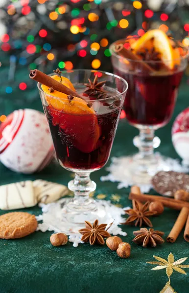 Two glasses of mulled wine with variation of spices Stock Photo